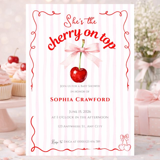Invitación Cereza Roja Encima Lazo Rosa Cerezas Fiesta de Beb (Red Cherry on Top Pink Bow Cherries Baby Shower Invitation)