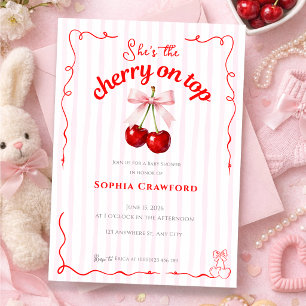 Invitación Cereza Roja Encima Lazo Rosa Cerezas Shower de Beb
