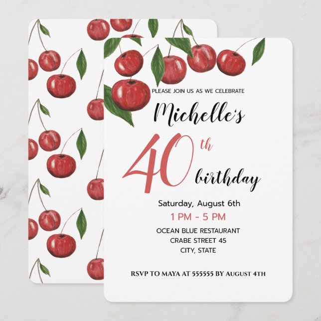 Invitación Cerezas dulces acuarela pintadas a mano (Anverso / Reverso)
