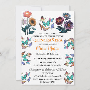 Invitación Cerezas Florecen Mariposas Rosa Dorado Quinceañera