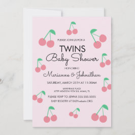 Invitación Cerezas Fruta Rosa Rojo Gemelos Baby Shower