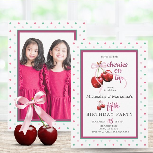 Invitación Cerezas gemelas en la parte superior de la cereza  (Twin Cherries On Top Cherry Pink Bow Birthday)