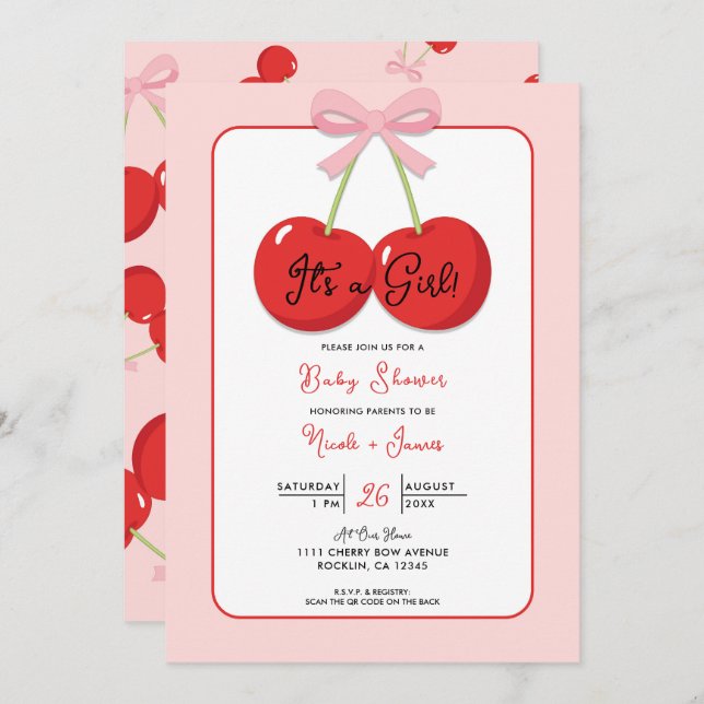 Invitación Cerezas rojas con Baby Shower de Coquette Bow Rosa (Anverso / Reverso)