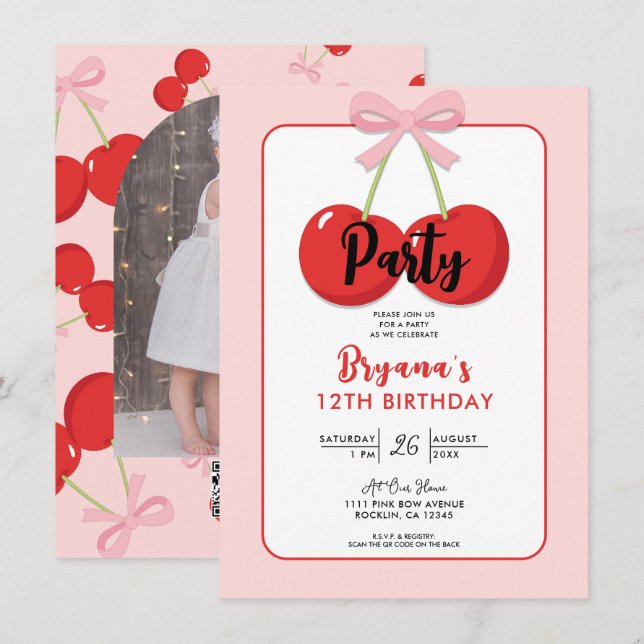 Invitación Cerezas Rojas con Fiesta de Cumpleaños Coqueta de  (Anverso / Reverso)
