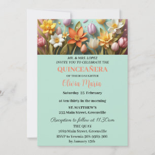 Invitación Cerezas Rosadas Mariposas de Oro Rosa Quinceañera
