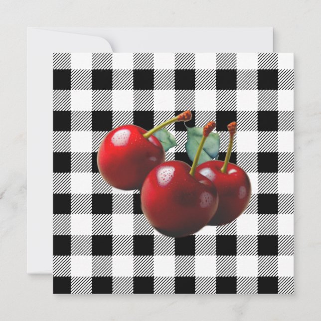 Invitación Cerezas Vintage gingham negro blanco (Anverso)