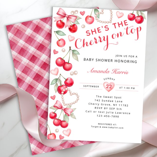 Invitación Cerezo arriba - Bow rosado y Baby Shower de Gingha (Cherry Themed Baby Shower)