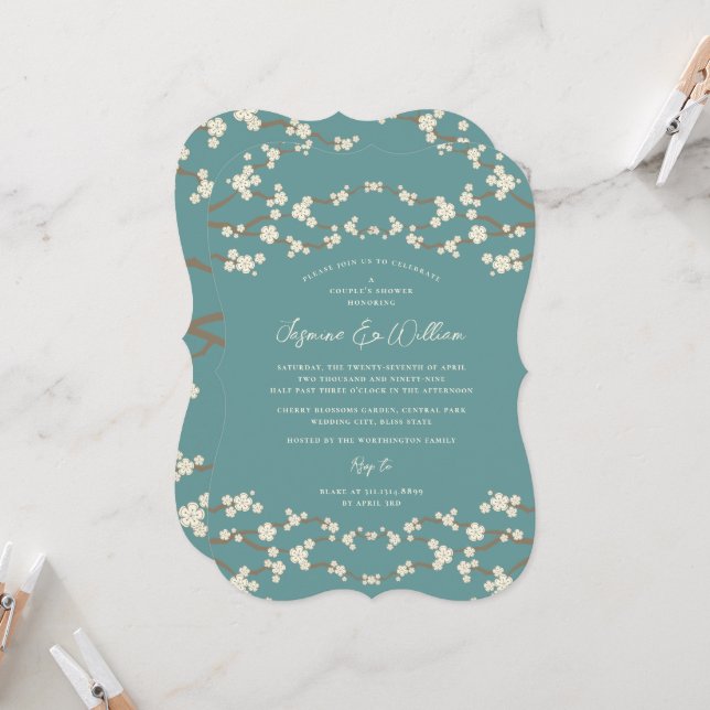Invitación Cerezo crema Flor de cerezo Azul turquesa Boda asi (Anverso/Reverso In Situ)