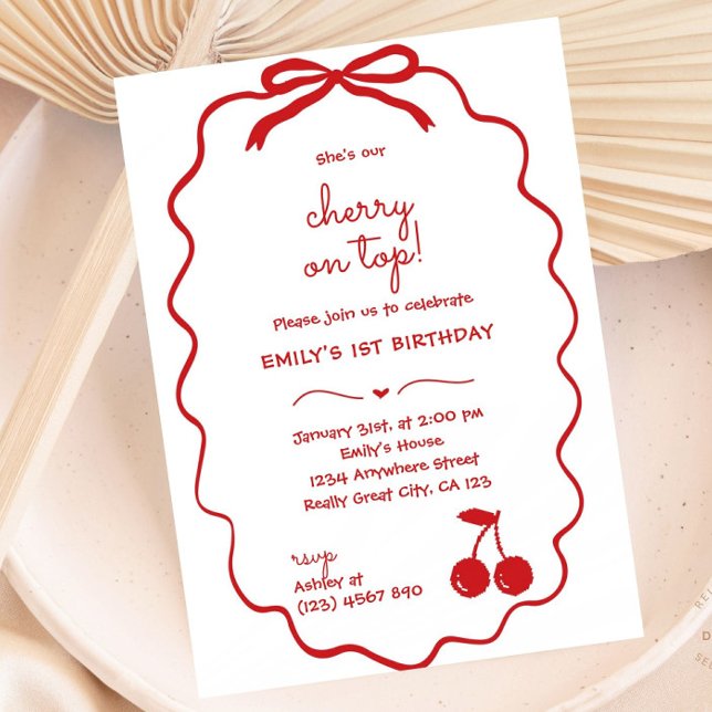 Invitación Cerezo de mano dibujado en cumpleaños superior (Hand drawn Red Cherry On Top Birthday Invitation with Handwritten Scribble Font)