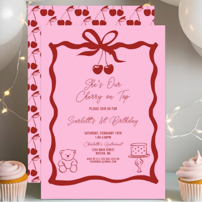 Invitación Cerezo de moda sobre el primer cumpleaños del colo (She's Our Cherry on Top 1st Birthday Invitation, Red and Pink, Chic Trendy Modern, Bow, Sweet One)