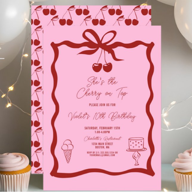 Invitación Cerezo de moda sobre el primer día de cumpleaños r (She's the Cherry On Top Birthday Invitation, Cherries, Coquette Bow, Red and Pink, Chic Modern)