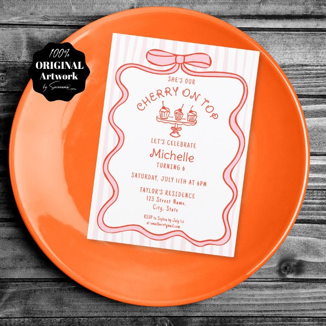 Invitación Cerezo de remolino rosado dibujado a mano en cumpl (red and pink bow ribbon, doodle with cupcakes with cherry on top)