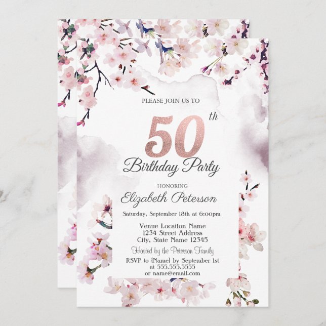 Invitación Cerezo en flor 50 cumpleaños (Anverso / Reverso)
