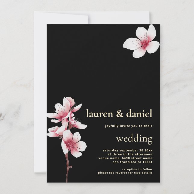 Invitación Cerezo en flor QR Champagne Gold Black (Anverso)