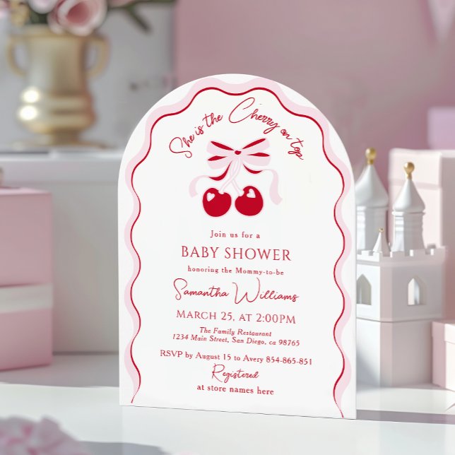 Invitación Cerezo en la cima rosada Bow Red Baby Shower Invit (Subido por el creador)