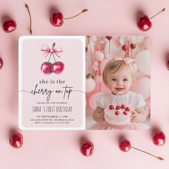 Invitación Cerezo en la fiesta de cumpleaños rosada con foto (Subido por el creador)