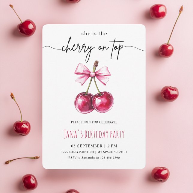 Invitación Cerezo en la fiesta de cumpleaños rosada superior (Subido por el creador)