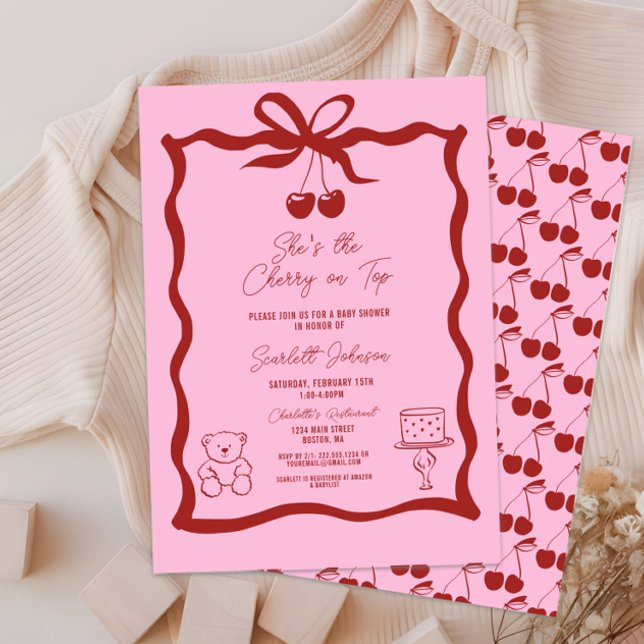 Invitación Cerezo en la parte superior de Baby Shower rosa y  (She's the Cherry on Top Baby Shower Invitation, It's a Girl, Pink and Red, Hand Drawn, Bow, Chic)