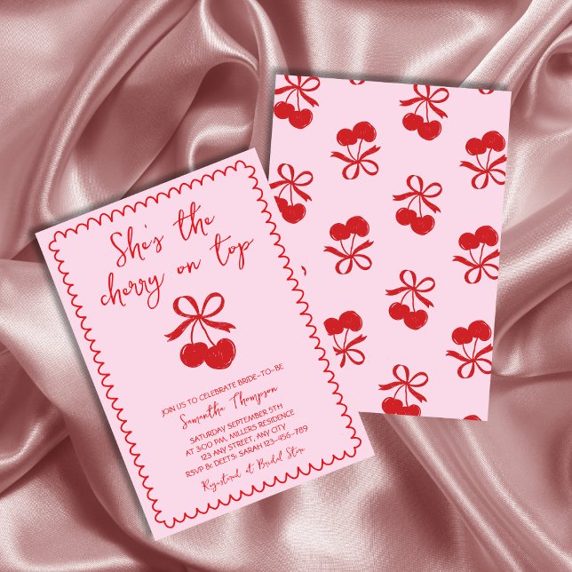 Invitación Cerezo en la parte superior rosa y roja de la mano (Cherry On Top Pink & Red Hand Drawn Bridal Shower Invitation)