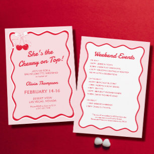 Invitación Cerezo ondulado rosa rojo en la fiesta de la Bache