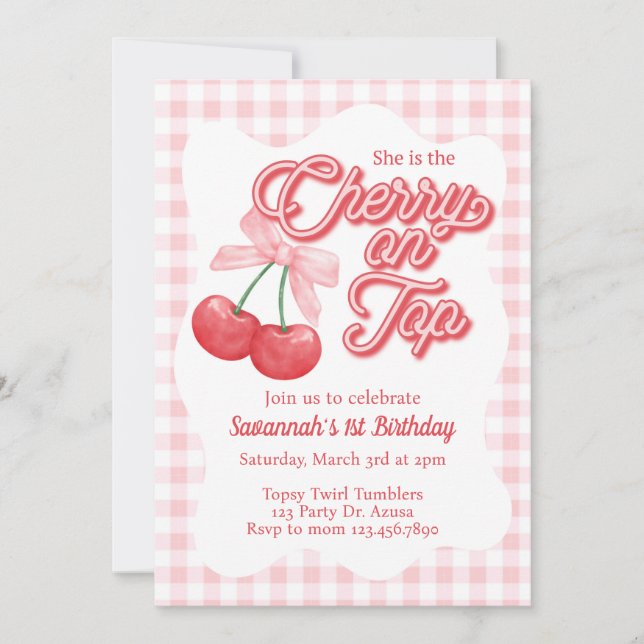 Invitación Cerezo por encima, cumpleaños de cereza, cualquier (Anverso)