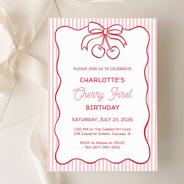 Invitación "Cerezo primero" cumpleaños estriba rosada se desm (Subido por el creador)