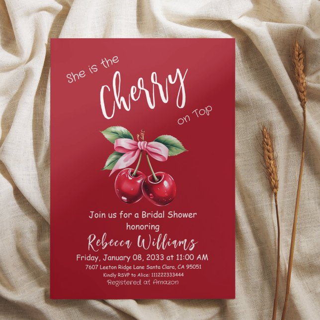 Invitación Cerezo rojo en la cima de Coquette Bow Bridal Show (Subido por el creador)