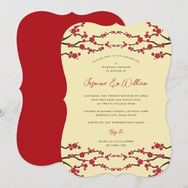 Invitación Cerezo Rojo Flor de Sakura Despedida de Soltera As (Anverso / Reverso)