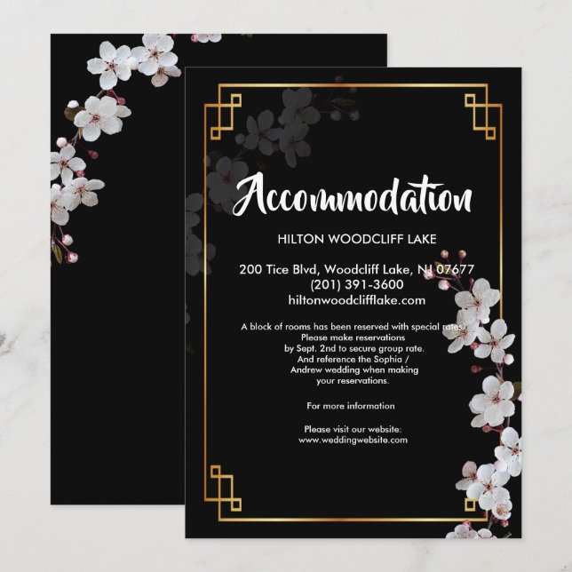 Invitación cerezos blancos en flor y dorados aposento para en (Anverso / Reverso)