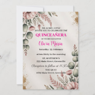 Invitación Cerezos en Flor Mariposas Dorado Rosa Quinceañera