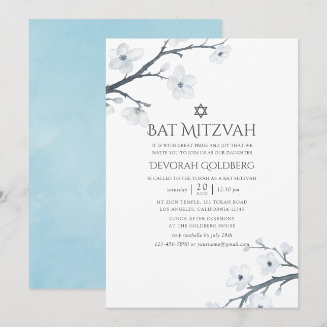 Invitación Cerezos en floral Bat Mitzvah (Anverso / Reverso)