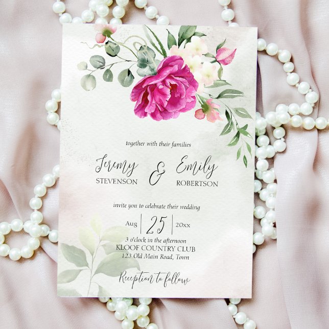Invitación Cerise magenta peony eucalyptus acuarela invitat (Subido por el creador)
