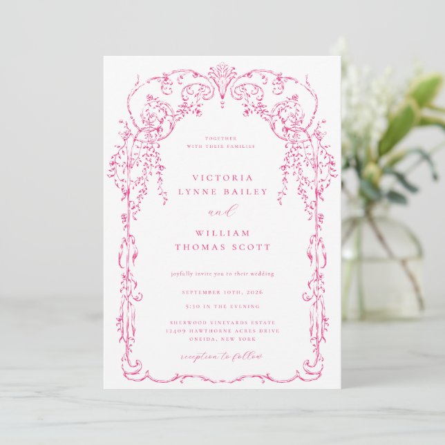 Invitación Cerise Pink Victorian Frame Boda (Anverso de pie)