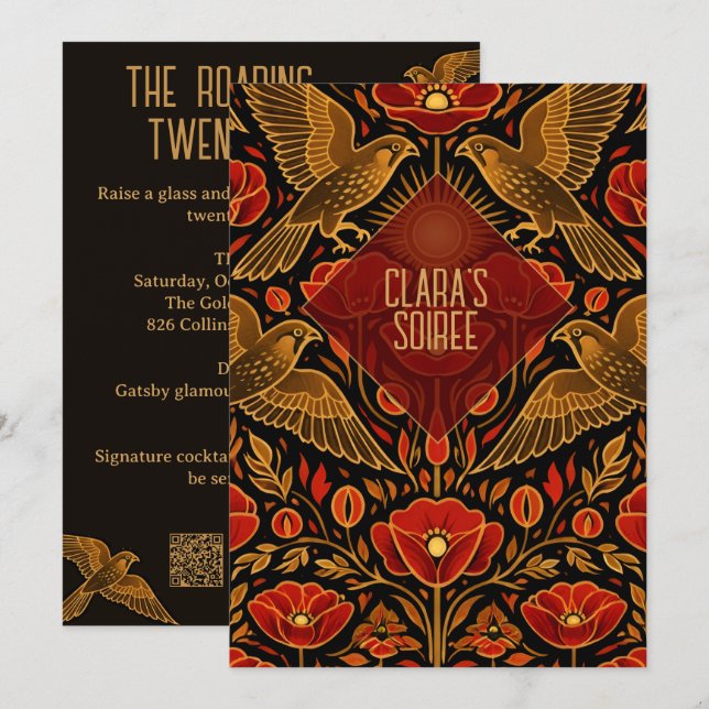 Invitación Cernícalos y Amapolas Art Déco | Cumpleaños 21 Per (Anverso / Reverso)