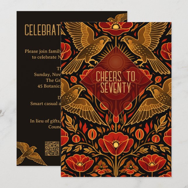 Invitación Cernícalos y Amapolas Art Déco | Cumpleaños 70 Per (Anverso / Reverso)