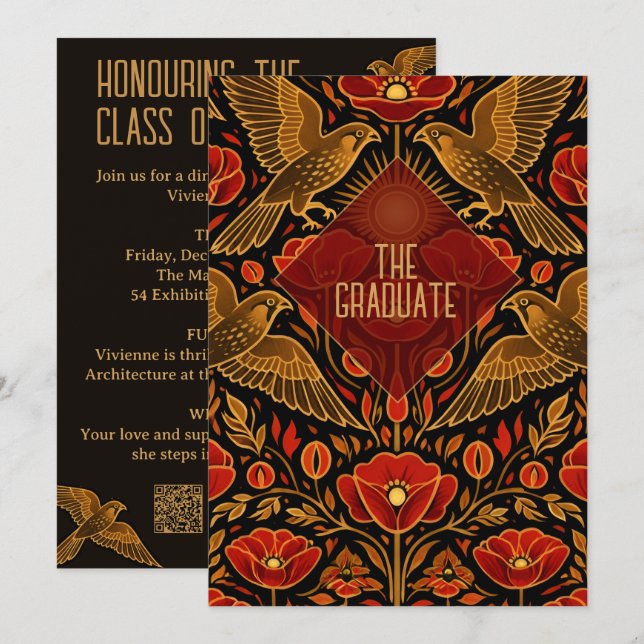 Invitación Cernícalos y Amapolas Art Déco | Fiesta de Graduac (Anverso / Reverso)