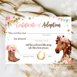 Invitación Certificado de adopción de pony para cumpleaños de