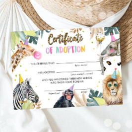 Invitación Certificado de Adopción Fiesta Safari Animales Cum