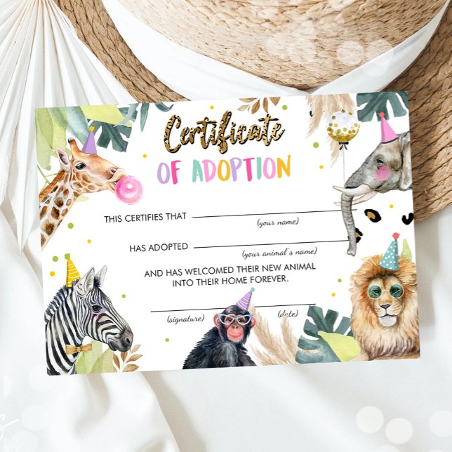 Invitación Certificado de Adopción Fiesta Safari Animales Cum (Subido por el creador)