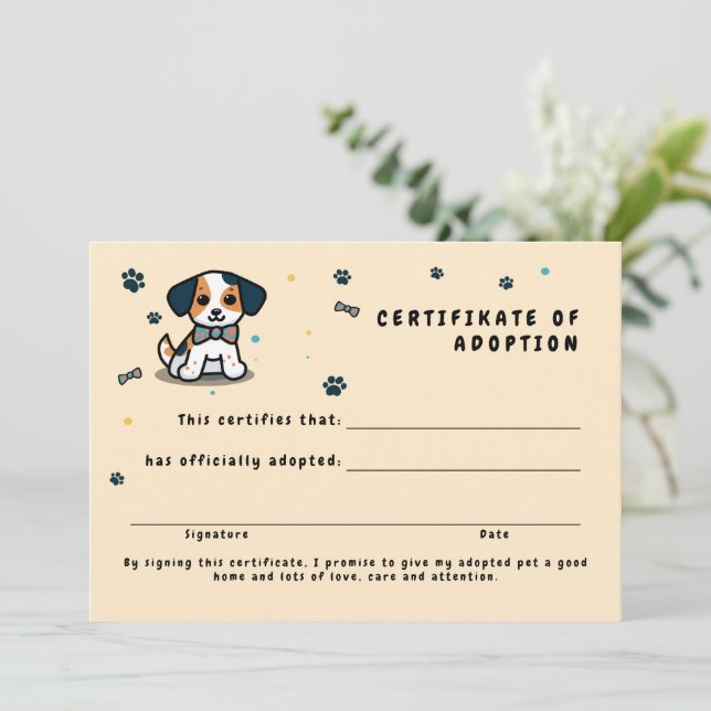 Invitación Certificado de adopción kawaii cachorro (Anverso de pie)
