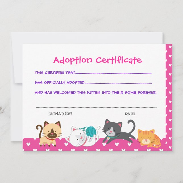 Invitación Certificado de adopción Mascota, Cumpleaños de Gat (Anverso)