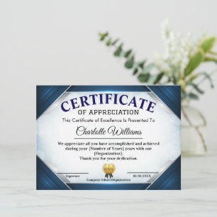 Invitación Certificado de Agradecimiento Azul Profesional