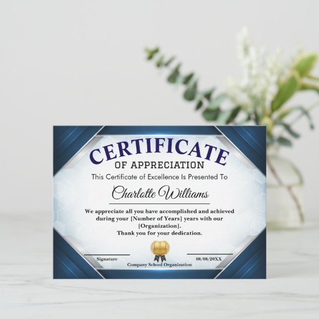 Invitación Certificado de Agradecimiento Azul Profesional (Anverso de pie)