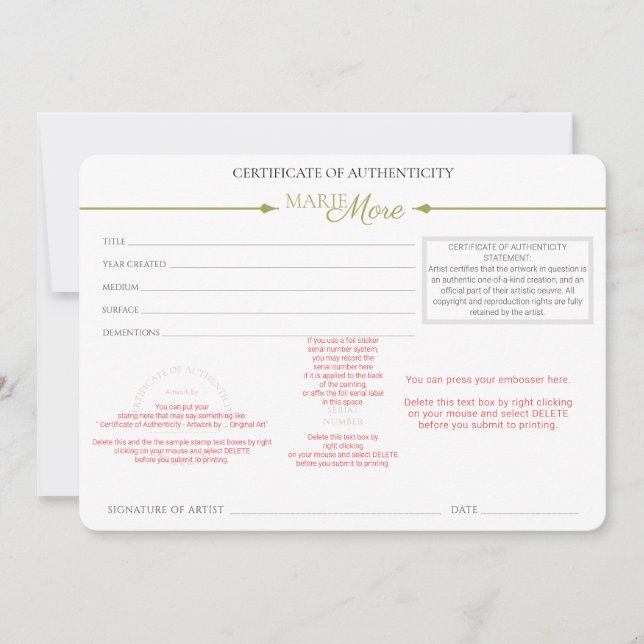 Invitación Certificado de Autenticidad (Anverso)