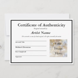 Invitación Certificado de autenticidad para arte con foto