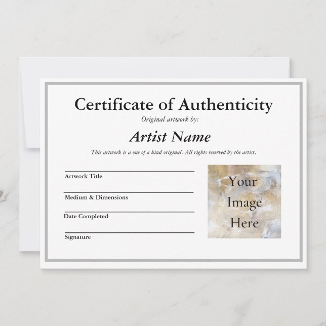 Invitación Certificado de autenticidad para arte con foto de  (Anverso)