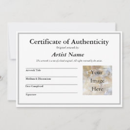 Invitación Certificado de autenticidad para arte con foto de