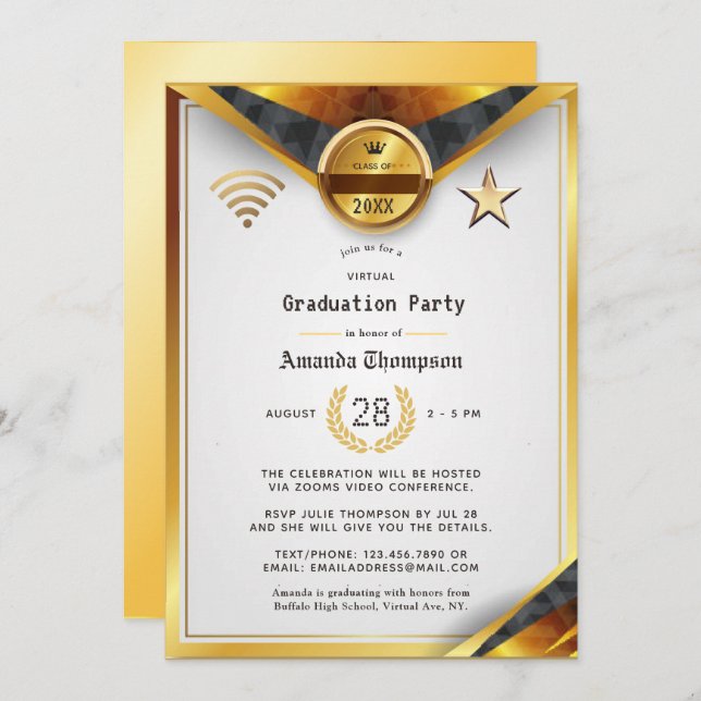 Invitación Certificado de fiesta de graduación virtual de oro (Anverso / Reverso)