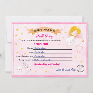 Invitación Certificado de Hada de los Dientes - Recibo de Die