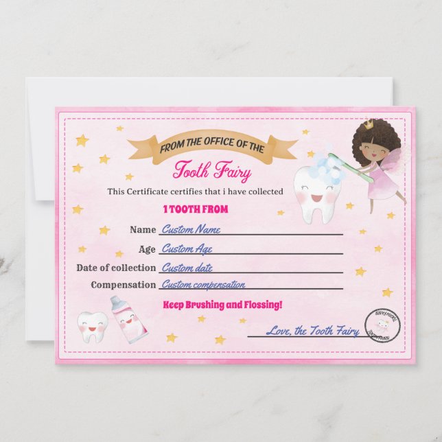 Invitación Certificado de Hada de los Dientes - Recibo de Die (Anverso)